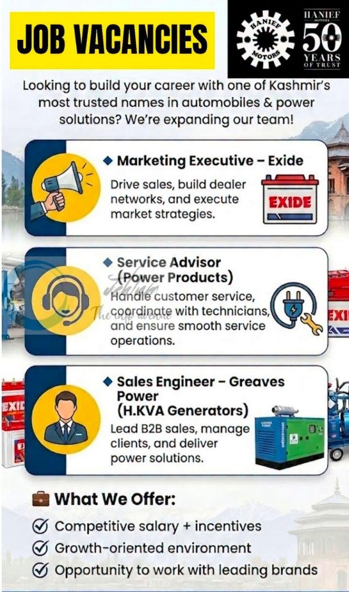 Hanief Motors srinagar Marketing Executive Service Advisor Sales Engineer job opportunities 2026