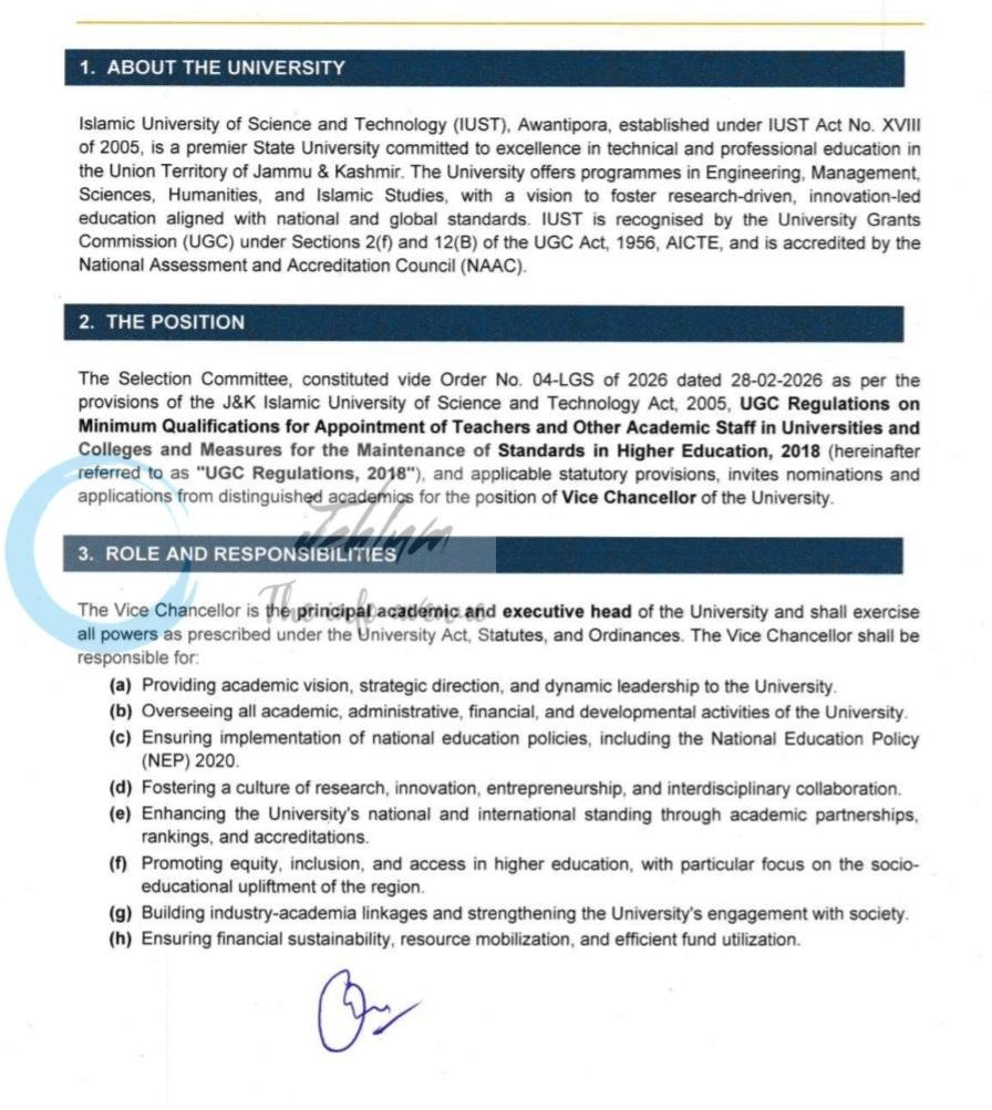 Islamic University of Science and Technology IUST Awantipora Vice Chancellor job opportunities 2026