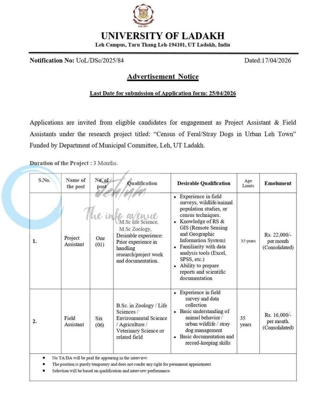University of Ladakh UOL Leh Project Assistant Field Assistant job opportunities 2026 1 University of Ladakh UOL Leh Project Assistant Field Assistant job opportunities 2026