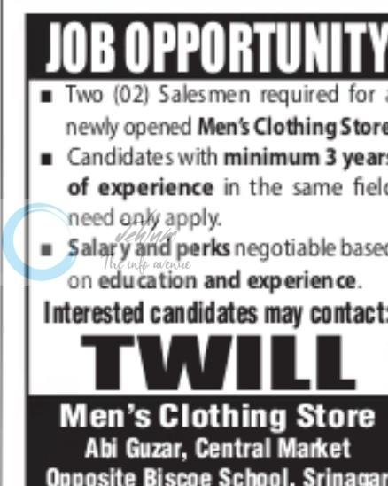 TWILL Srinagar Men's Clothing Store Salesmen job opportunities 2026