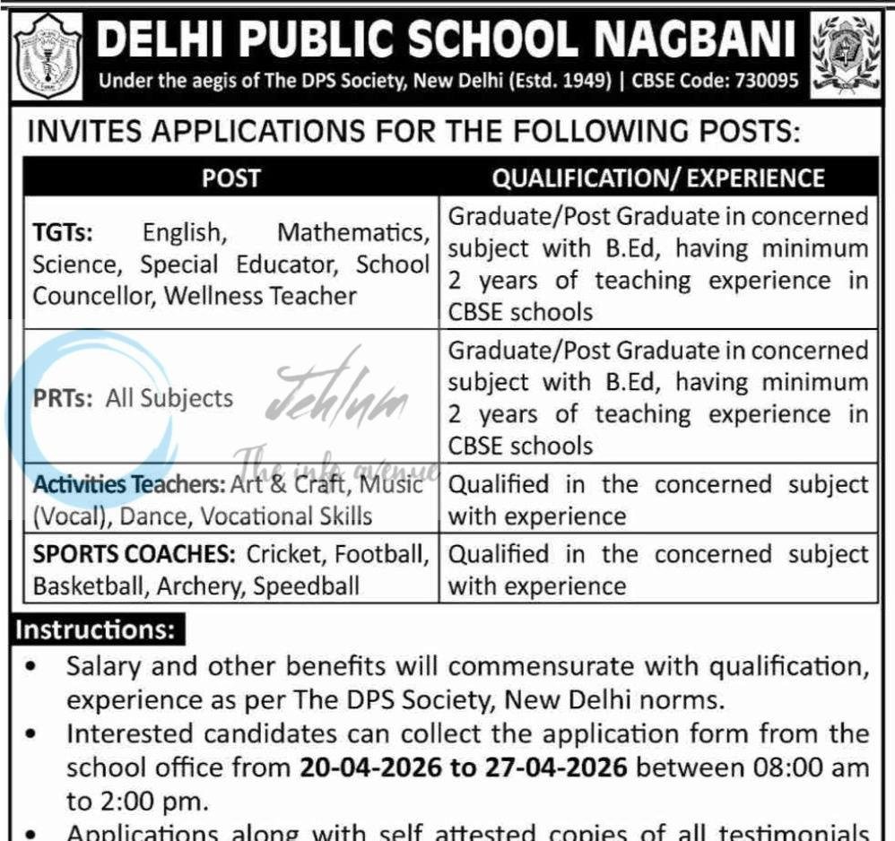 Delhi Public School Nagbani DPS TGT PRT Sports Coaches job opportunities 2026