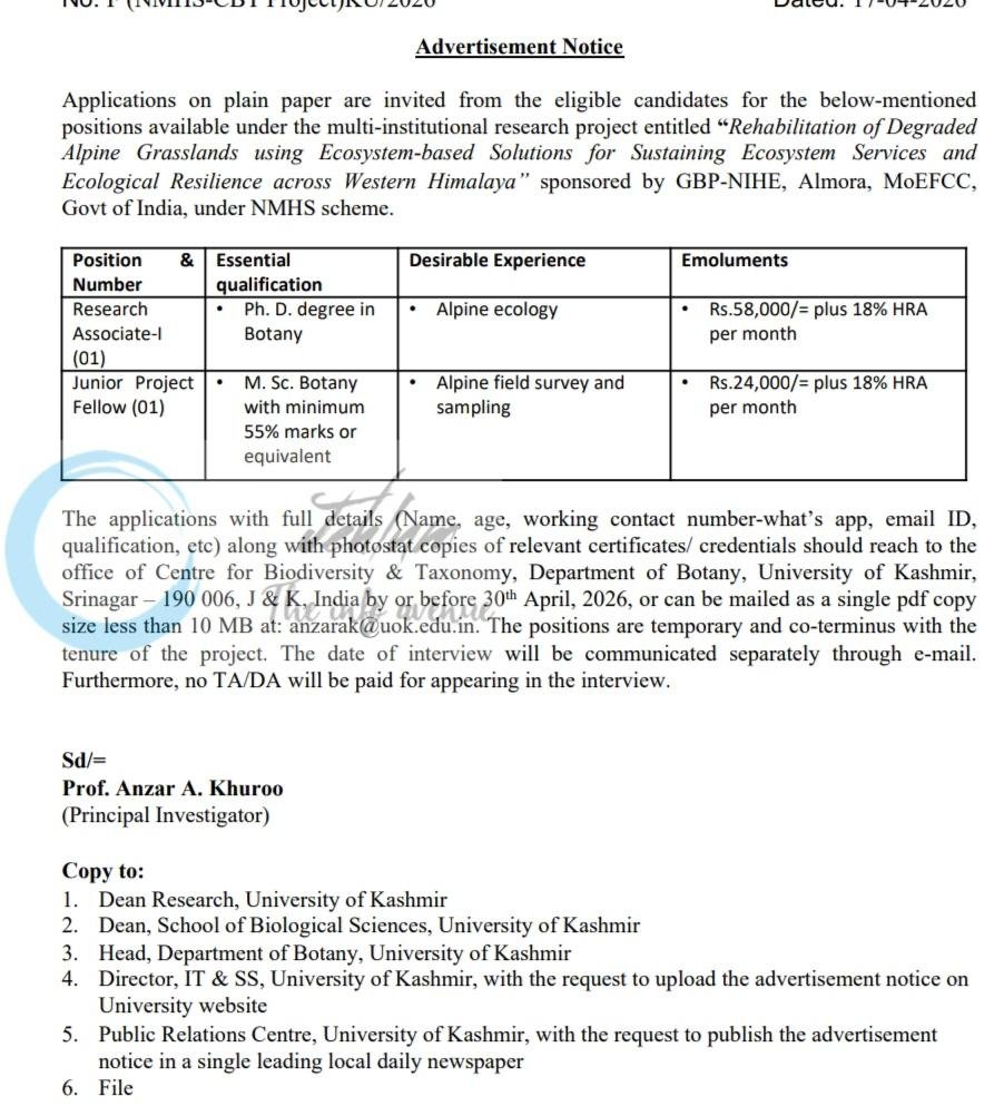 University of Kashmir CBT Botany Srinagar Research Associate Junior Project Fellow job opportunities 2026