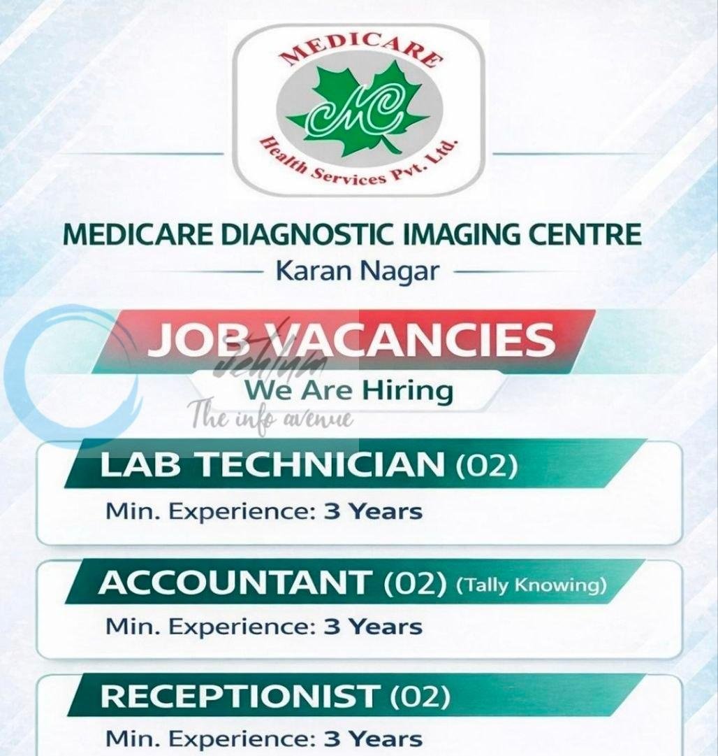 Medicare Diagnostic Imaging Centre Karan Nagar Lab Technician Accountant Receptionist job opportunities 2026