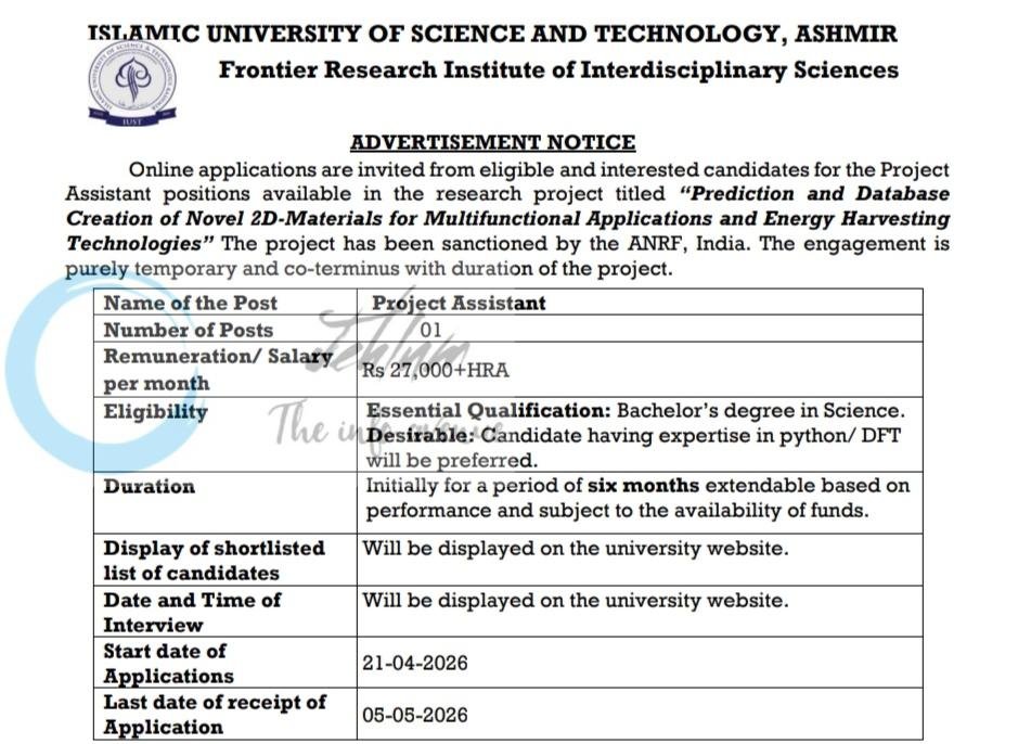 Islamic University of Science and Technology IUST Frontier Research Institute of Interdisciplinary Sciences Pulwama Project Assistant job opportunities notice IUST/FRIIS/ITandSS/26/