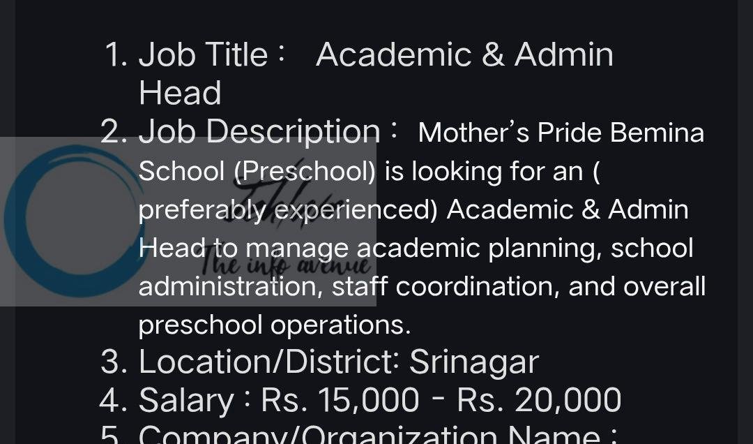 Mothers Pride Bemina Srinagar Academic and Admin Head job opportunities 2026