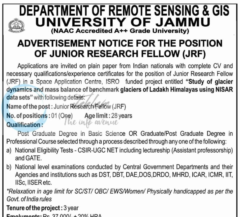 University of Jammu JU Dept of Remote Sensing and GIS Junior Research Fellow JRF Advertisement Notice DIP/J-267-P 2026