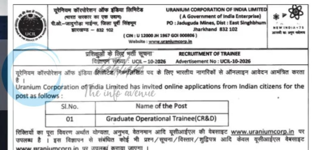 Uranium Corporation of India Limited UCIL East Singhbhum Graduate Operational Trainee job opportunities notice UCIL-10-2026