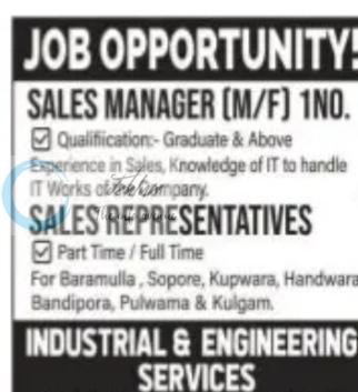 Industrial and Engineering Services Sales Manager Sales Representatives Srinagar job opportunities 2026
