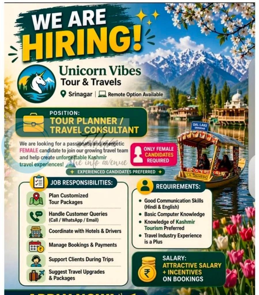 Unicorn Vibes Tour and Travels Srinagar Tour Planner Travel Consultant job opportunities 2026