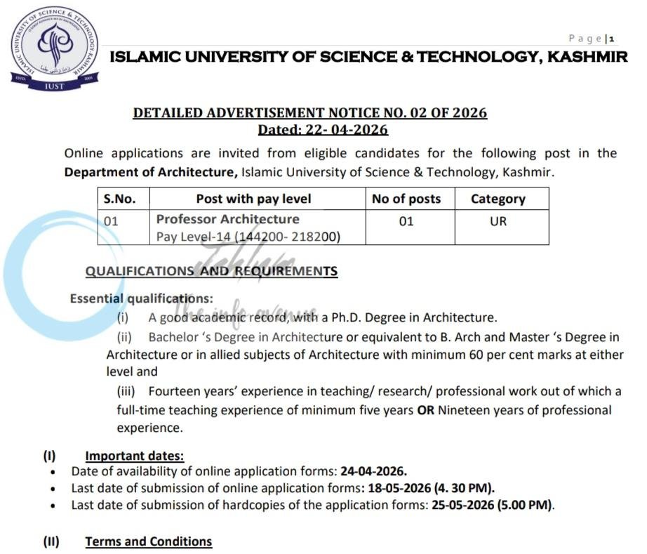 Islamic University of Science and Technology IUST Department of Architecture Awantipora Professor Architecture job opportunities notice 02 OF 2026