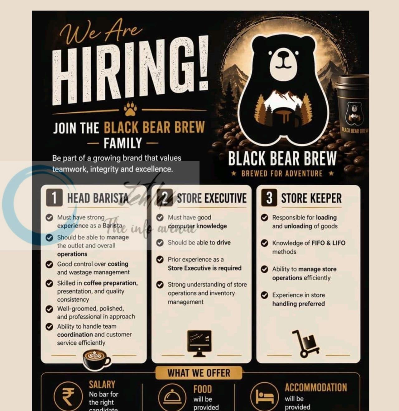 Black Bear Brew BBB Srinagar Head Barista Store Executive Store Keeper job opportunities 2026