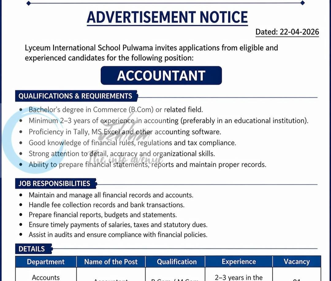 Lyceum International School Pulwama Accountant job opportunities 2026
