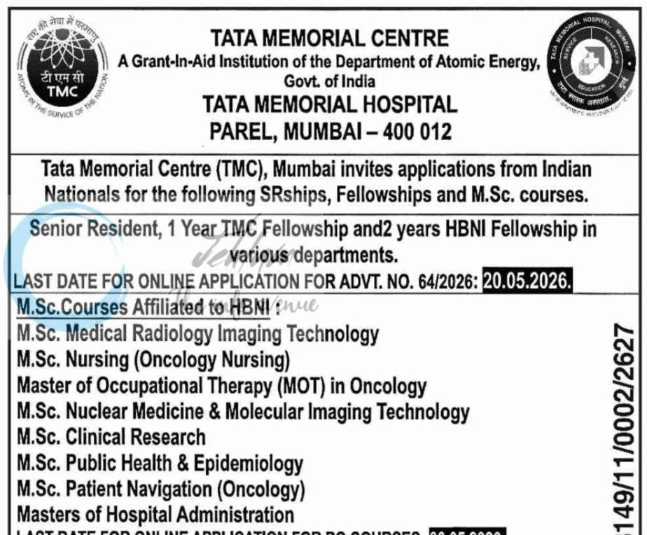 Tata Memorial Centre TMC Mumbai Senior Resident Fellowship Advertisement Notice 64/2026