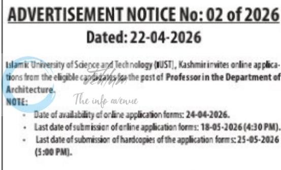 Islamic University of Science and Technology IUST Architecture Awantipora Professor job opportunities notice 02 of 2026