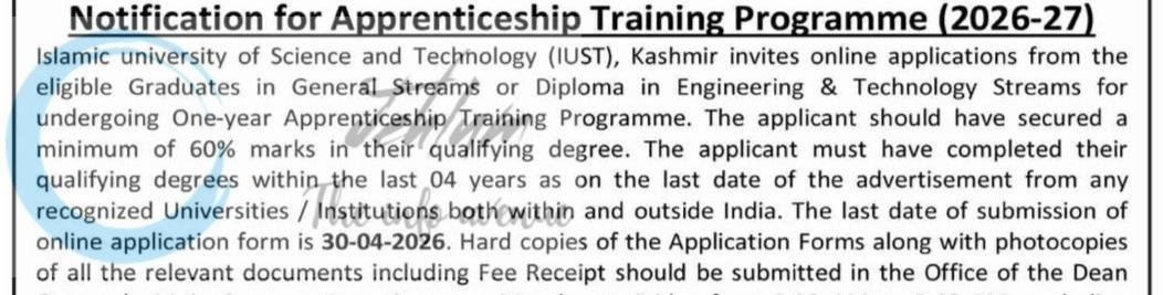 Islamic University of Science and Technology IUST Awantipora Apprenticeship Training Programme opportunities notice IUST/DOR/26/180 2026