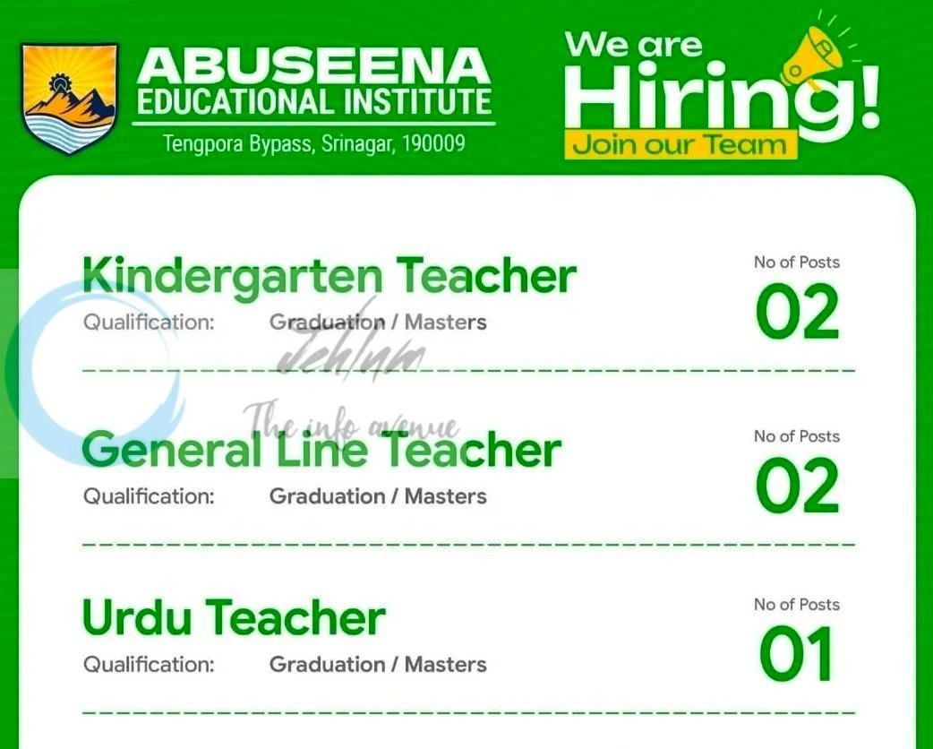 Abuseena Educational Institute Srinagar Teacher Vacancy job opportunities 2026
