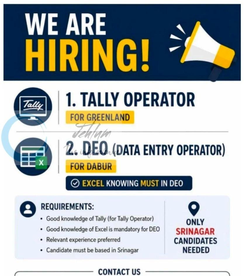 Waleed Agencies Srinagar Tally Operator DEO job opportunities 2026