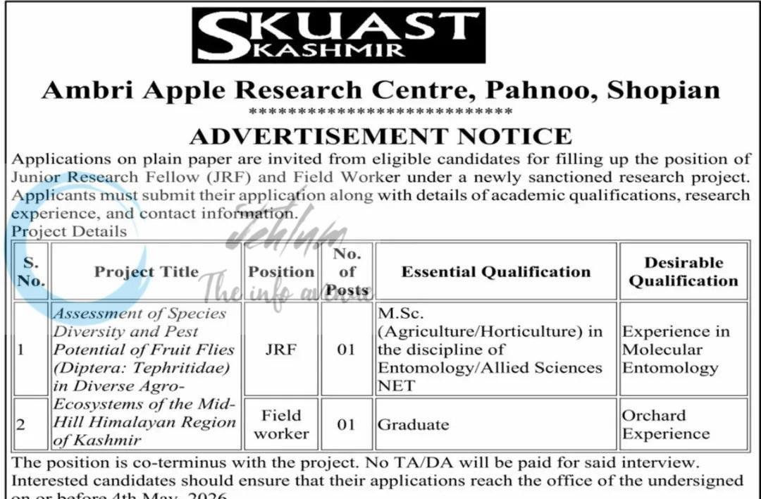 SKUAST Kashmir Ambri Apple Research Centre Shopian JRF Field Worker employment opportunities notice AU/AARC/FFP/246 2026