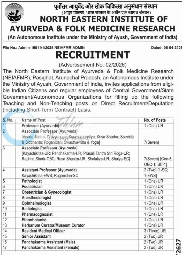 North Eastern Institute of Ayurveda and Folk Medicine Research NEIAFMR Pasighat Professor Associate Professor Assistant Professor job opportunities notice 02/2026
