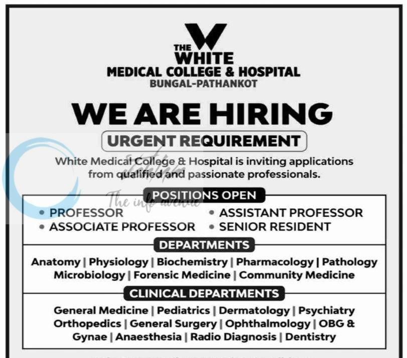 The White Medical College and Hospital Pathankot Professor Associate Professor Senior Resident job opportunities 2026