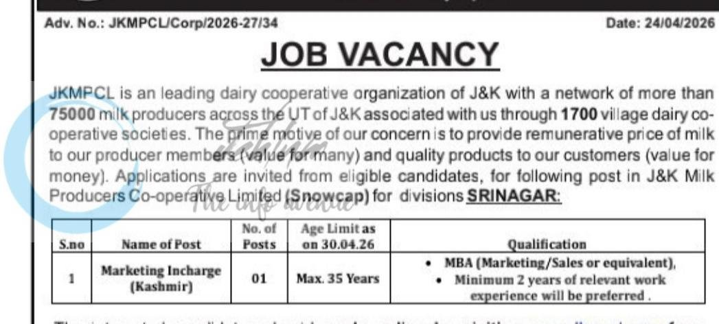 Jammu and Kashmir Milk Producers Co-operative Limited JKMPCL Srinagar Marketing Incharge job opportunities notice JKMPCL/Corp/2026-27/34