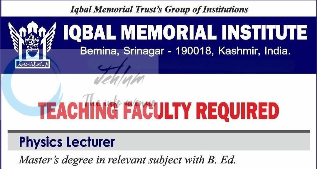Iqbal Memorial Institute IMI Srinagar Physics Lecturer Job Vacancy 2026