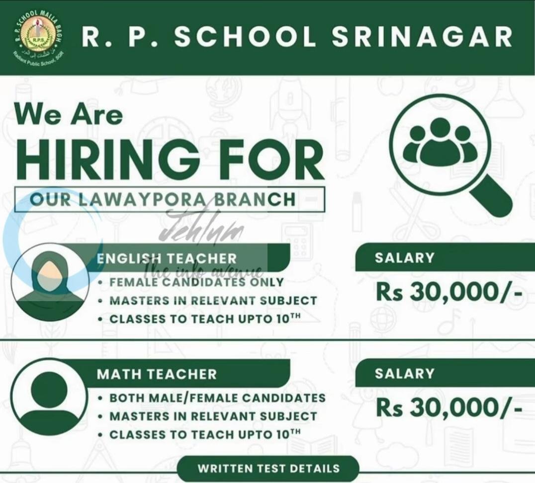 R P School Lawaypora Srinagar English/ Math Teachers Jobs Openings 2026