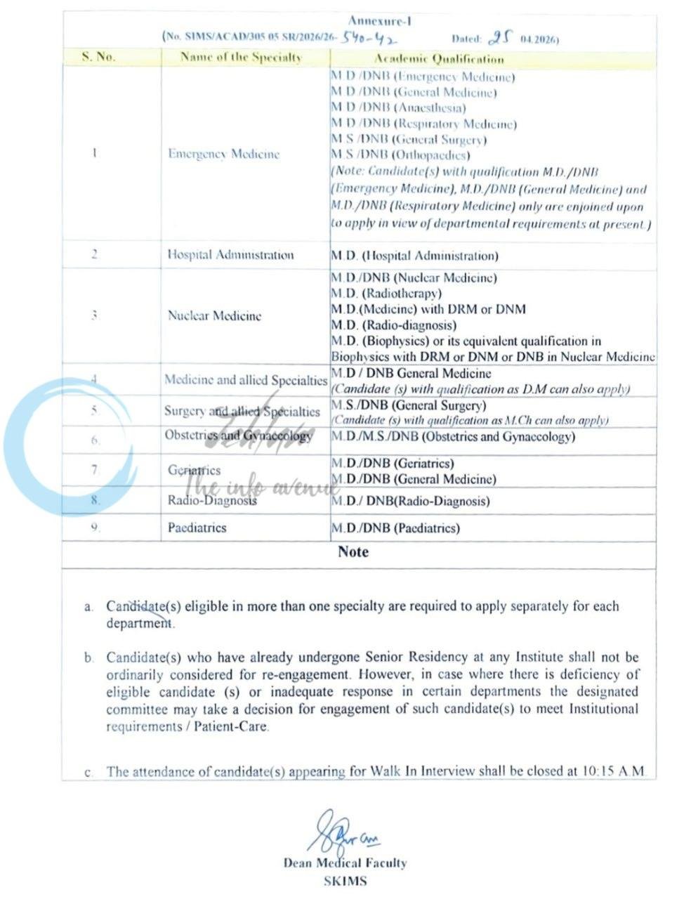 Sher-I-Kashmir Institute of Medical Sciences SKIMS srinagar Senior Resident employment opportunities notice SIMS/ACAD/305 05 SR/2026/26-540-42 2026