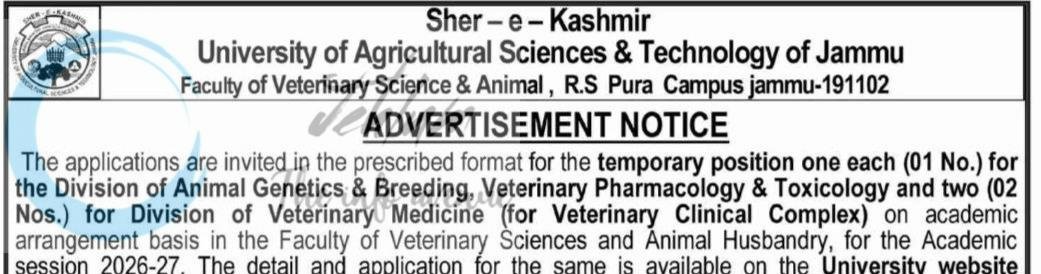 SKUAST-Jammu Faculty of Veterinary Science Division of Animal Genetics and Breeding and the Division of Veterinary Pharmacology and Toxicology employment opportunities notice AU/FVSc/26-27/F-35/290