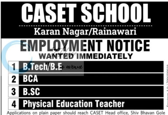 CASET SCHOOL Srinagar teacher job opportunities 2026