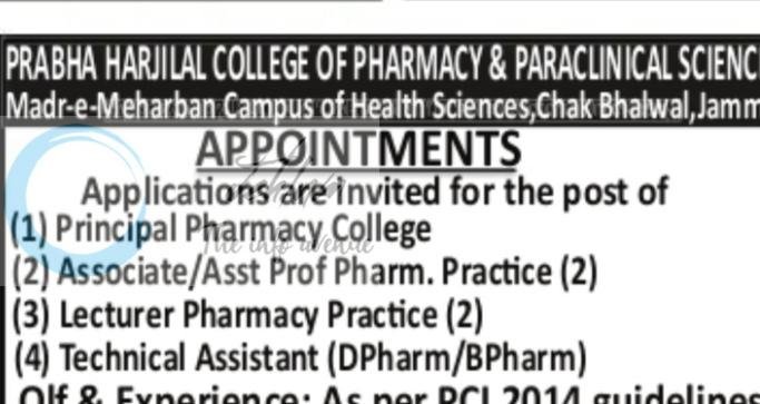 Prabha Harjilal College of Pharmacy PHCP Jammu faculty job opportunities 2026