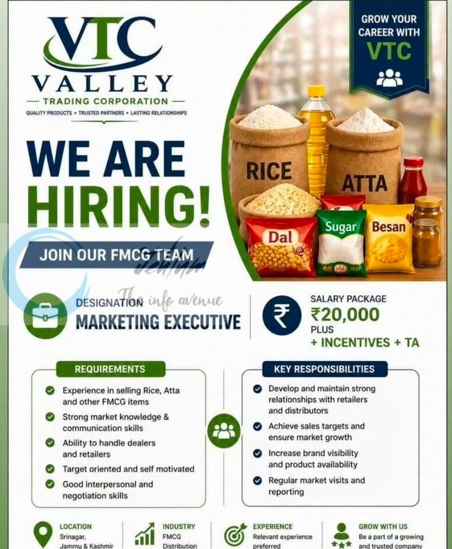 Valley Trading Corporation VTC Srinagar Marketing Executive job opportunities 2026