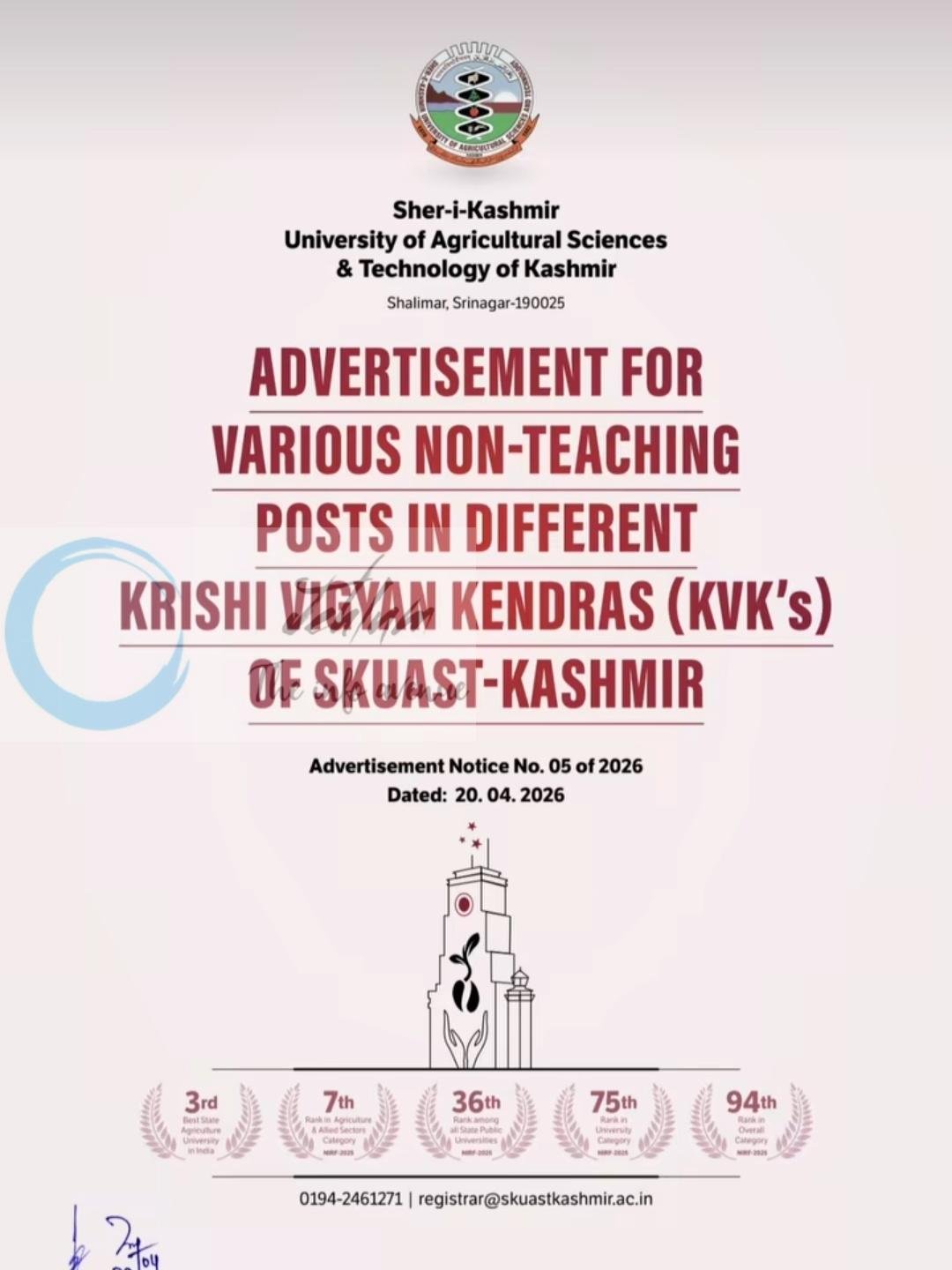 SKUAST-K Srinagar Krishi Vigyan Kendras KVKs Recruitment Advertisement Notice No 05 of 2026