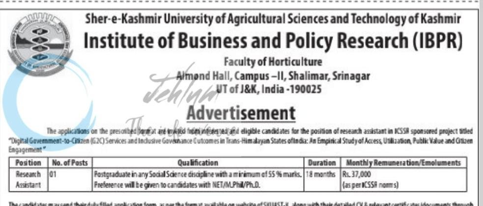 SKUAST-K Institute of Business and Policy Research IBPR Faculty of Horticulture Srinagar Research Assistant employement opportunities notice AU/Acad/IBPR/ABM/26/355