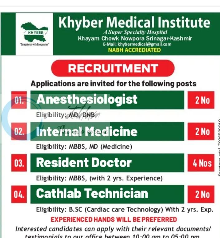 Khyber Medical Institute KMI Srinagar faculty job opportunities 2026