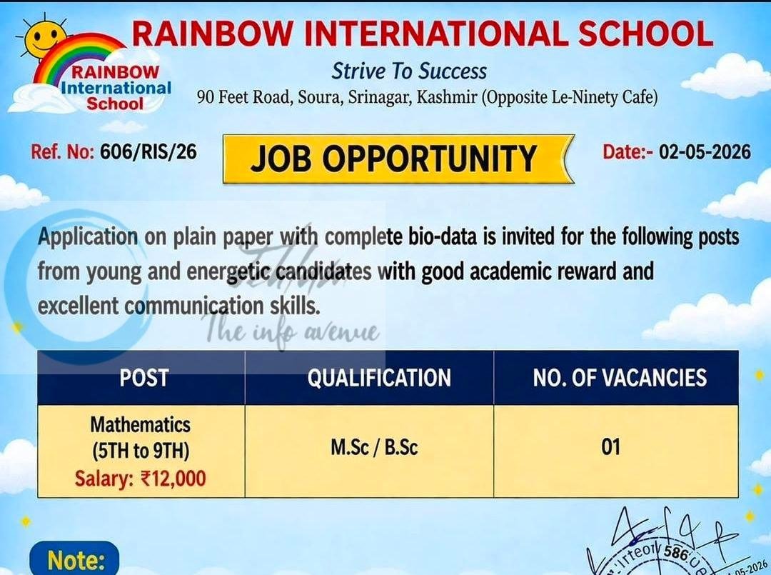 Rainbow International School RIS Soura Srinagar teaching job opportunities notice 606/RIS/26