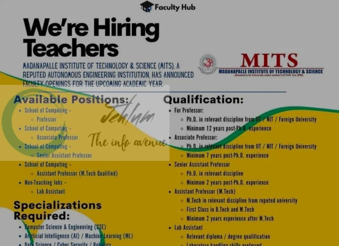 Madanapalle Institute of Technology and Science MITS faculty job opportunities 2026