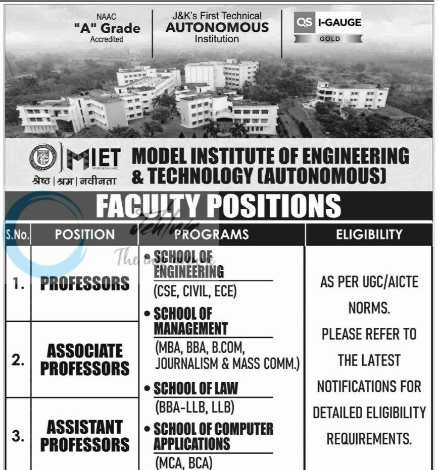 Model Institute of Engineering and Technology MIET Jammu faculty job opportunities 2026