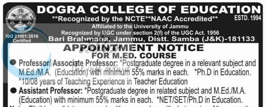 Dogra College of Education Bari Brahmana Jammu faculty job opportunities 2026