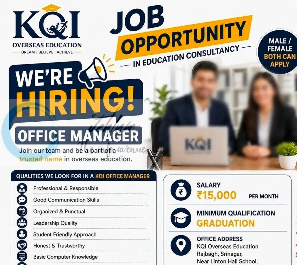 KQI Overseas Education KQI Rajbagh Srinagar Office Manager 2026