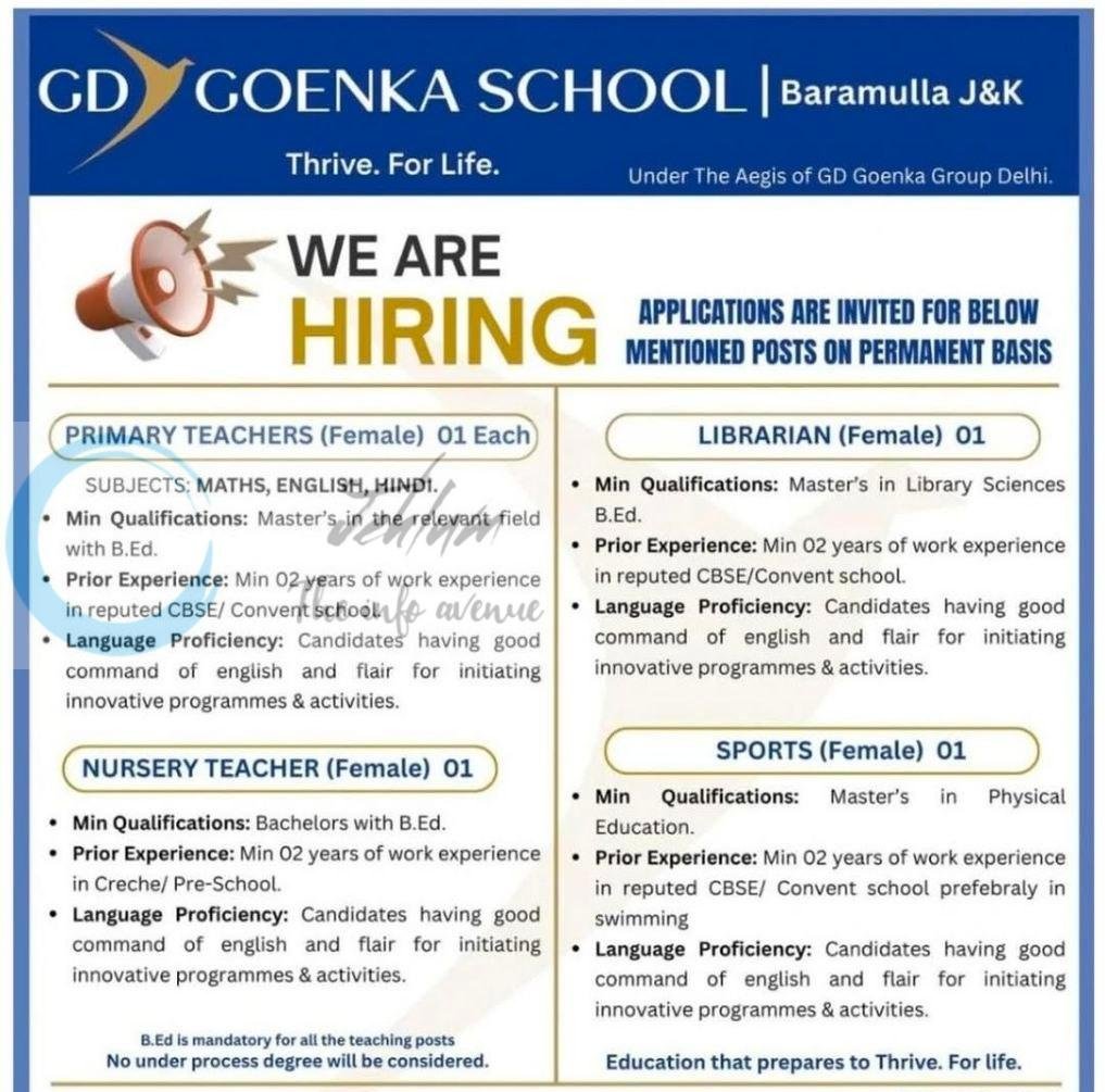 GD Goenka School GDGS Baramulla teaching job opportunities 2026