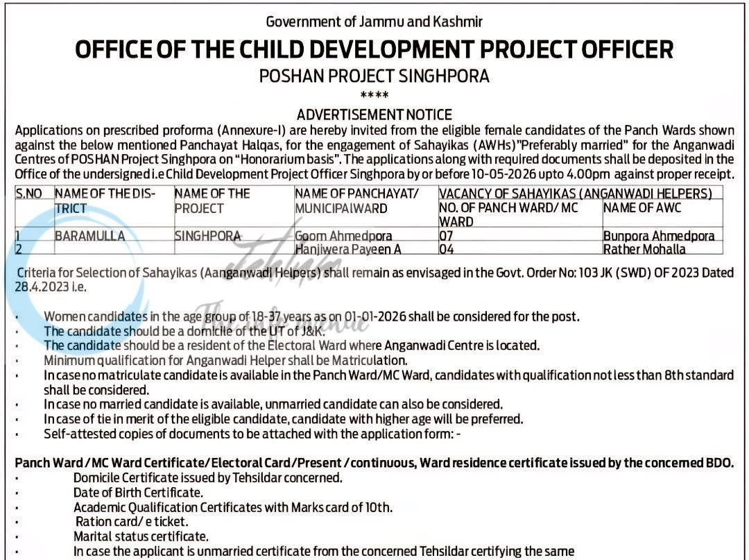 Office of the Child Development Project Officer CDPO Singhpora Baramulla Sahayikas Anganwadi Helpers job opportunities notice DIPK-951/26 2026