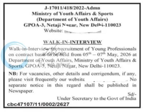 Ministry of Youth Affairs and Sports MYAS New Delhi Young Professionals employment opportunities notice J-17011/418/2022-Admn