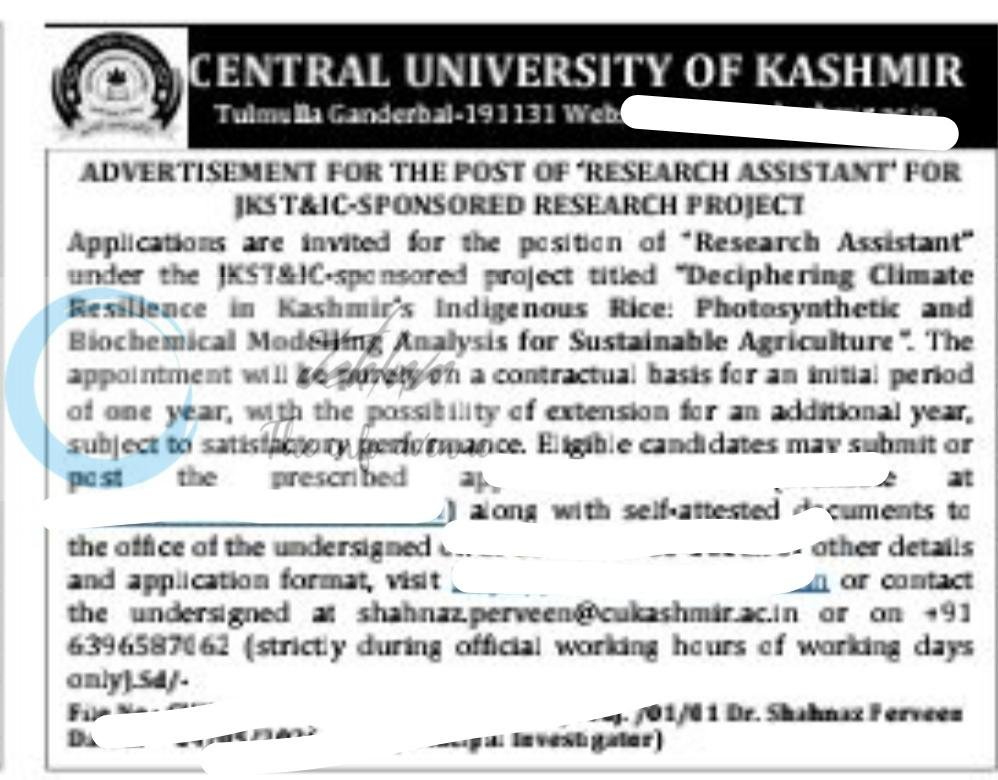 Central University of Kashmir Ganderbal CUK Deptt of Botany Research Assistant job opportunities notice CUKmr/BoT/head/JKSTandIC/Rec/Proj/01/01