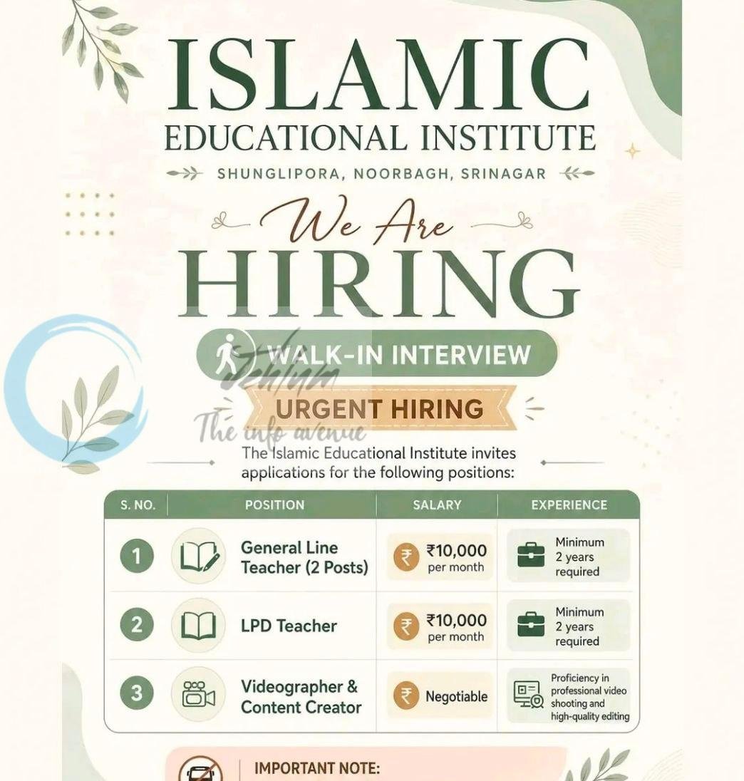 Islamic Educational Institute Srinagar education job opportunities 2026