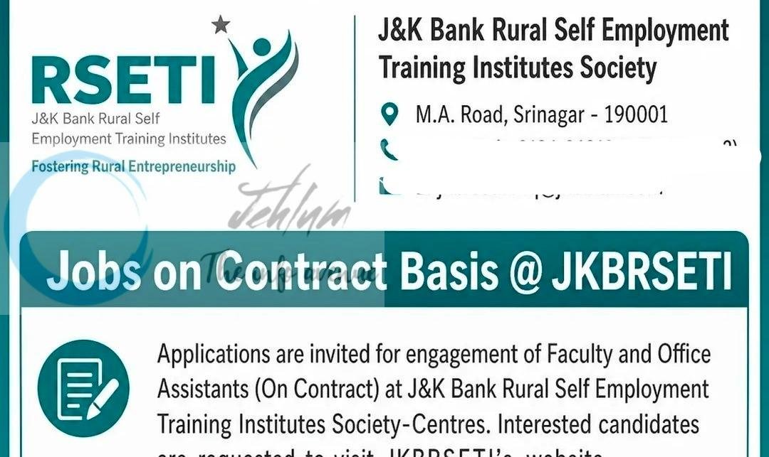 JKBRSETI JandK Bank Rural Self Employment Training Institutes Society Srinagar Faculty Office Assistant job opportunities notice JKBRSETI/NO/CHQ/2026-37