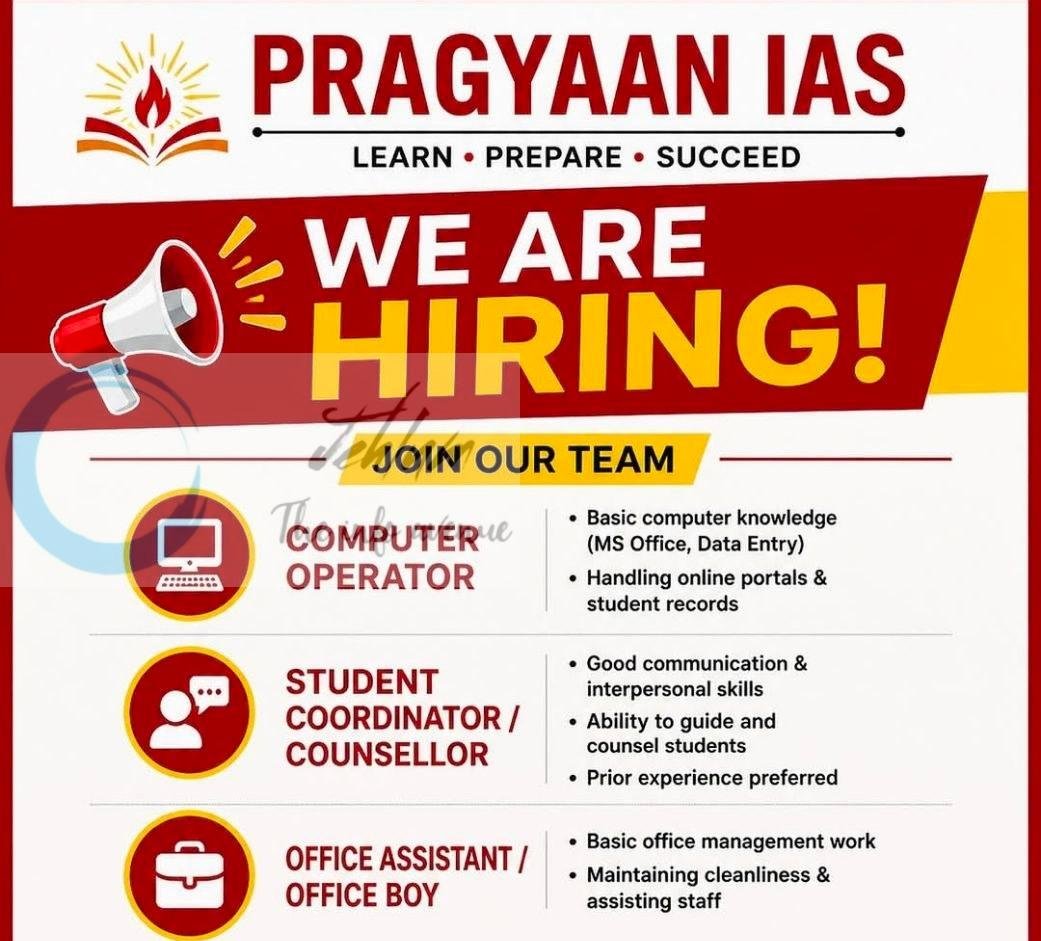 Pragyaan IAS Jammu Computer Operator Student Coordinator Office Assistant job opportunities 2026