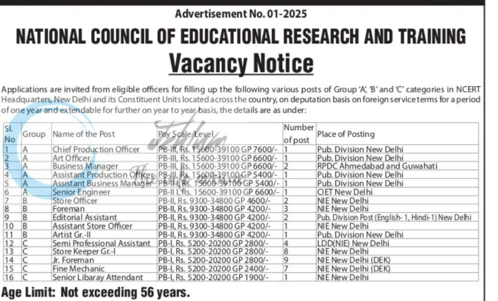 National Council of Educational Research and Training NCERT E-III employment opportunities notice 01-2025