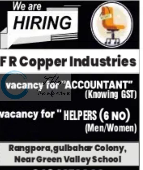 F R Copper Industries Rangpora Srinagar Accountant Helpers job opportunities 2026