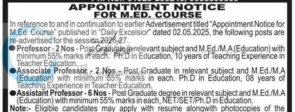DOGRA COLLEGE OF EDUCATION DCE JAMMU PROFESSOR ASSOCIATE PROFESSOR ASSISTANT PROFESSOR job opportunities 2026